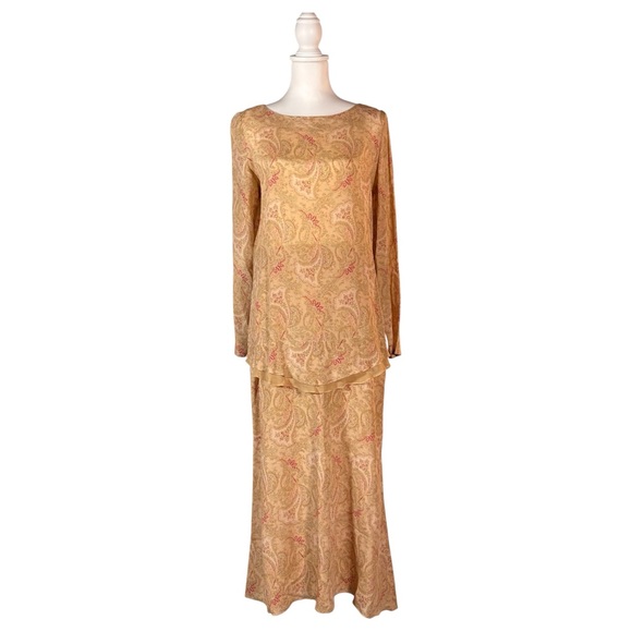 Vintage Dresses & Skirts - Y2K Paisley 100% Silk Set Women’s M 8/10 Two-Piece Modest Long Sleeve Maxi Skirt